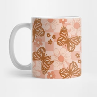 Groovy Pink Butterfly Floral Checkered Mug